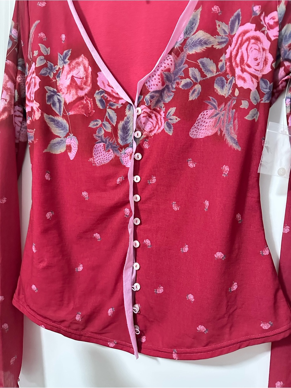 Free People x Revolve Small Top Raspberry Floral Sheer Button Long-Sleeve Top - Picture 11 of 12